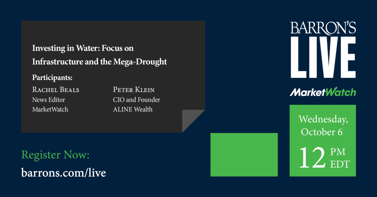 MarketWatch's tweet image. The new infrastructure bill would upgrade water infrastructure and provide incentive to invest in it.
 
Join our reporter @RachelKBeals and @ALINEWealth’s CIO and founder Peter Klein for a live discussion at noon on Wednesday, Oct. 6. 
 
RSVP here: on.mktw.net/3uHqsm9