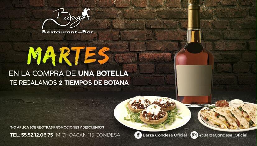 Aquí tenemos promociones toda la semana y eventos mensuales. 

Te esperamos en nuestro martes cantinero!
🍾Compra una botella y te regalamos 2 tiempos de botanas🌮!