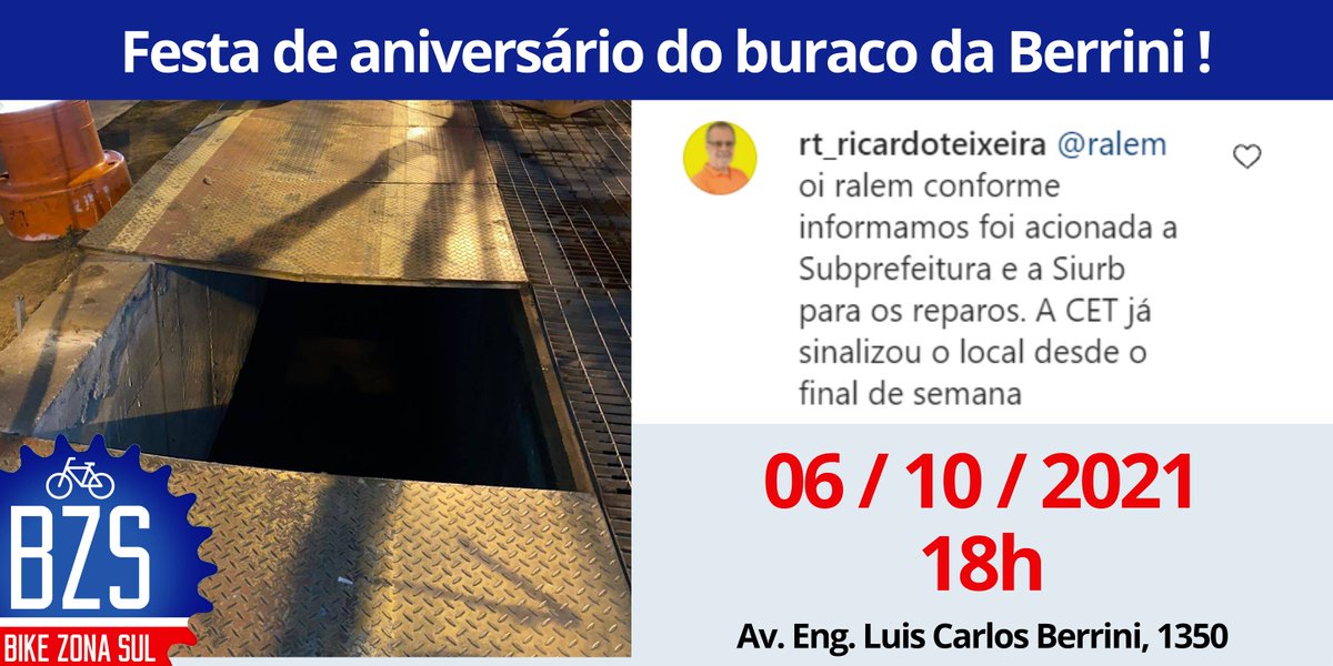 bikezonasul's tweet photo. Nosso querido buraco nasceu em 05/09 e a CET foi super ágil em colocar cones. Vamos comemorar nessa quarta? Só chegar pra cantar "parabéns"!
#BikeZonaSul #Ciclovia #Berrini #Bicicleta #Transporte #Mobilidade #Compartilhe https://t.co/X4zAxsjxeU