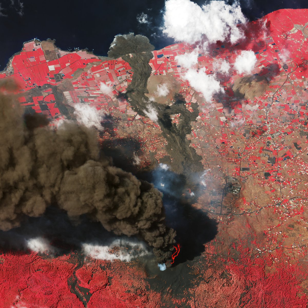 The Cumbre Vieja Eruption in La Palma, Spain captured from the east by SkySat on October 4, 2021.

Fun fact: Even if lava is not quite hot enough to glow brightly in visible light, it will still glow in longer &amp; lower energy wavelengths such as near infrared (seen on the right)."