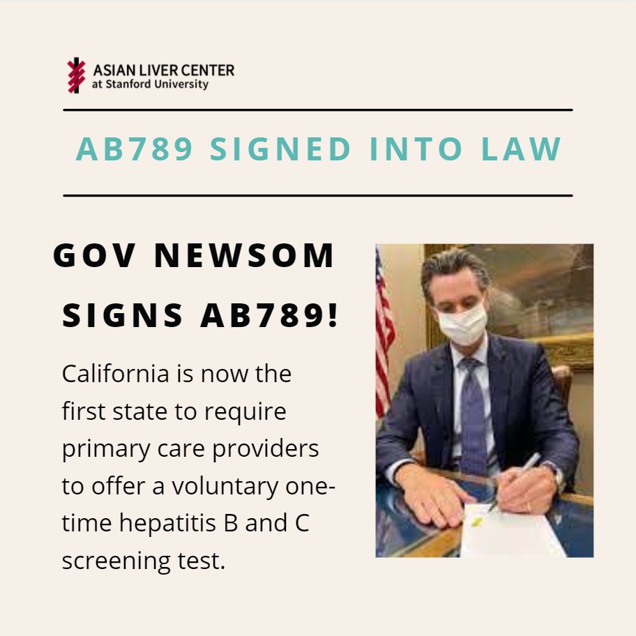 Gov. <a href="/GavinNewsom/">Gavin Newsom</a> signed #AB789 into law! It will save countless lives by providing free hepatitis B &amp; C screenings. Thank you <a href="/Evan_Low/">Evan Low</a>, <a href="/AsmMikeGipson/">Asm. Mike A. Gipson</a>, <a href="/fionama/">Fiona Ma, CPA</a>, &amp; <a href="/HealthTrust/">The Health Trust</a> for your partnership on this vital bill to address health disparities. a28.asmdc.org/press-releases…