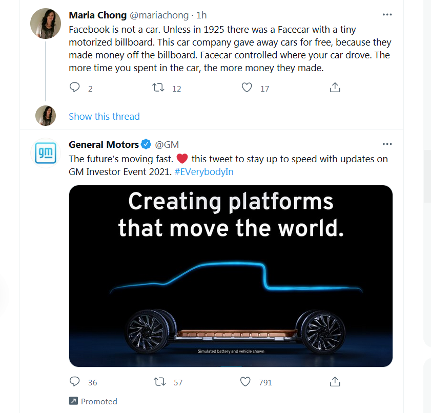 KDbyProxy's tweet photo. @mariachong Right after yours... a car company promoting itself as a creator of platforms. #Facecar 😄 https://t.co/X3fhvHVl25