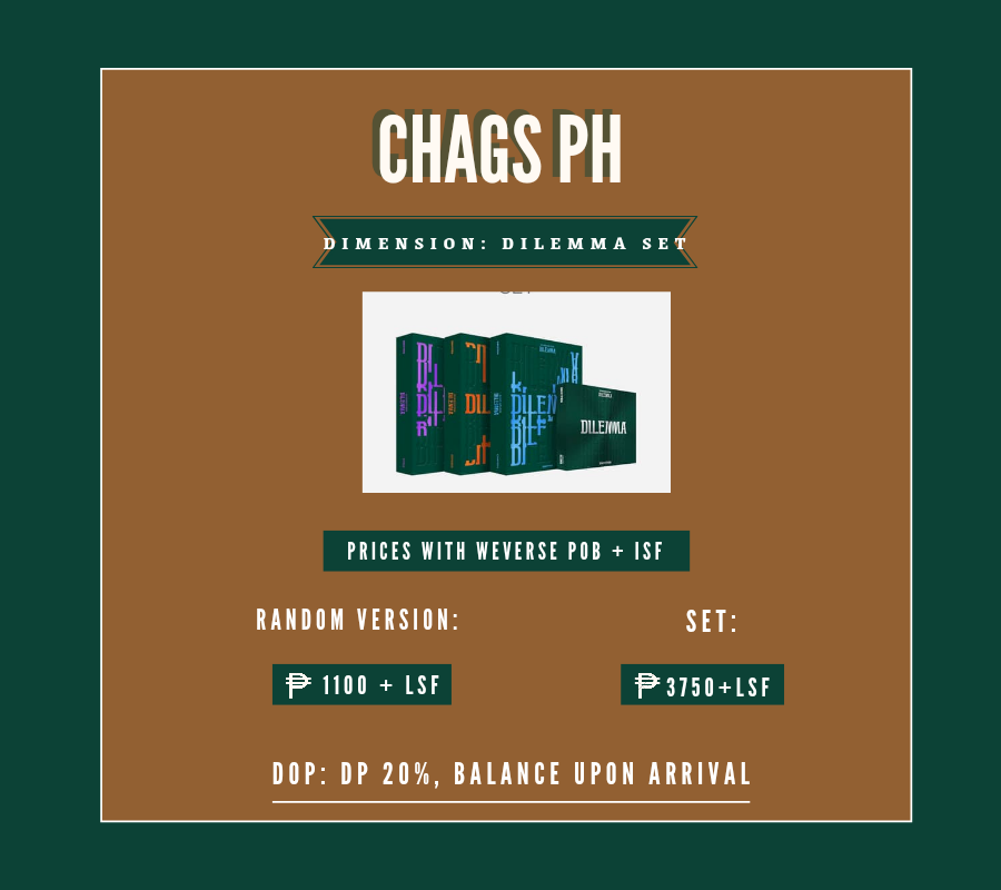 chagsph21's tweet photo. ENHYPEN DIMENSION : DILEMMA (Essential Version)
✨ Set = php 3,750 + lsf
✨ Essential Ver = php 850 + lsf
📌 1st press PO
📌 Set comes w/ POB
📌 Direct from Weverse
📌 Normal ETA
📌 Payment when Onhand
#ChagsPhGo https://t.co/Pv3AuEgRCE