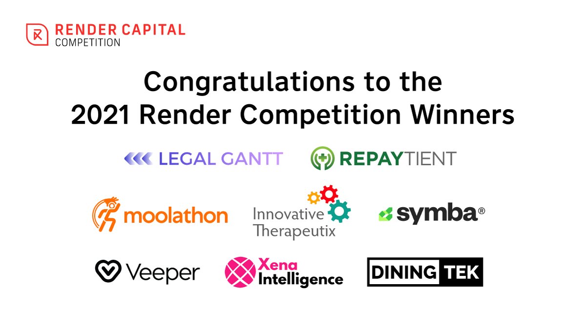 RenderCap's tweet photo. Congratulations to our 2021 Render Competition Winners! 

- Symba (Lou, KY)
- Moolathon (Lou, KY)
- Xena Intelligence (Boston, MA)
- Legal Gantt (Lou, KY)
- DiningTek (Broomfield, CO)
- Repaytient (Lou., KY)
- Veeper (Kansas City, MO)
- Innovative Therapeutix (Lou, KY) https://t.co/GNypGNygBM
