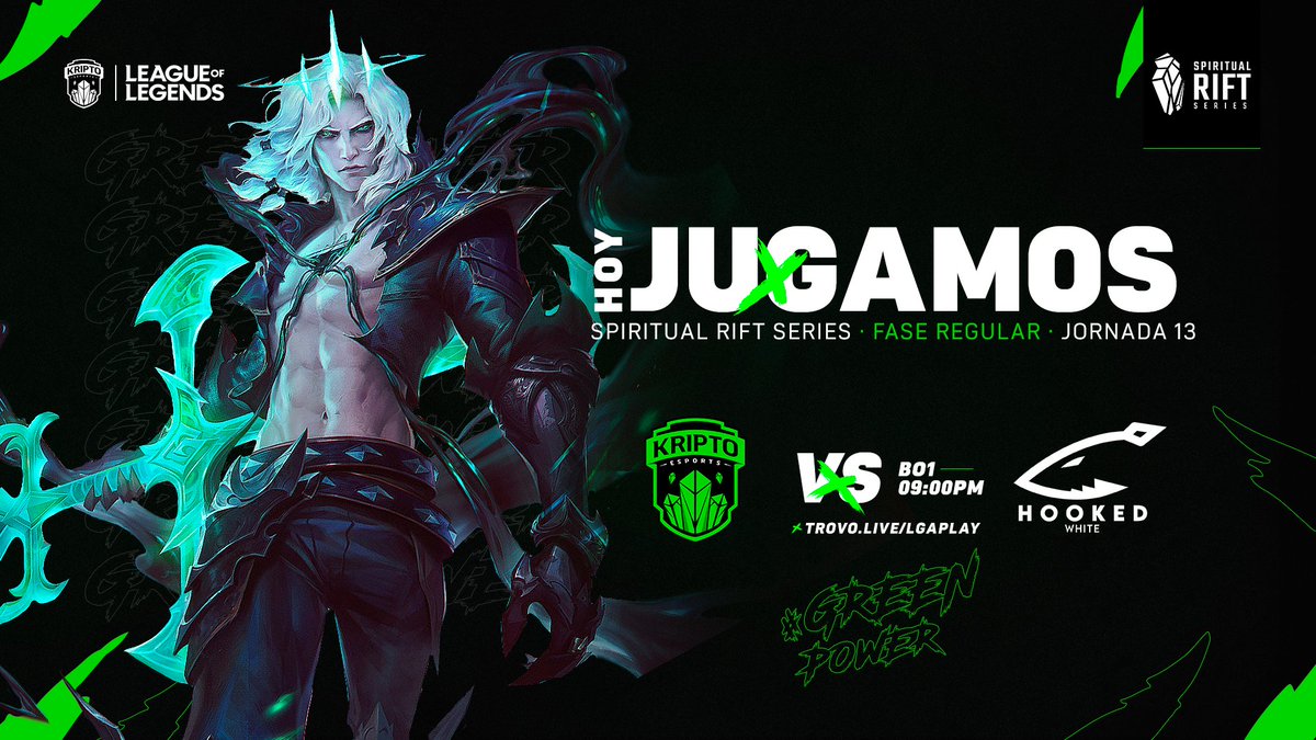 KriptoEsports's tweet photo. #PlayKripto | #SRS2021
El #GreenPower se activa esta noche junto a la #KriptoForce, vamos a cenar pescado.
9PM :vs: @HookedTeams
πΉ https://t.co/u959soFGO5
#SpiritualRiftSeries by @Lgaplay.
Powered by: @roobdesigns
#KES #KriptoEsports
#LoLVenezuela #LeagueofLegends #LoL https://t.co/tldTxJwx6a