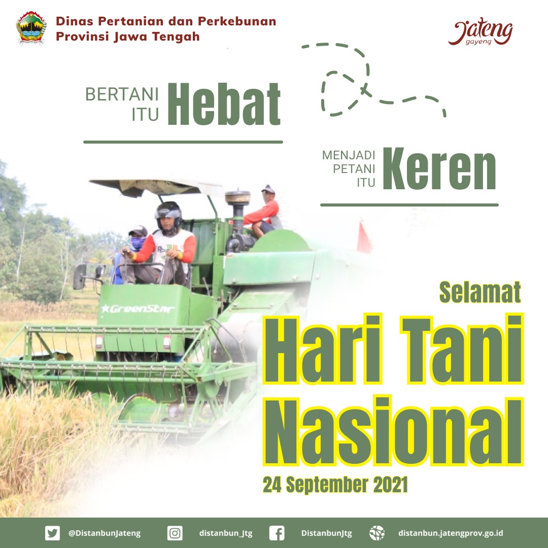 distannakjateng's tweet photo. SELAMAT HARI TANI NASIONAL, 24 September 2021..

Bertani itu HEBAT, menjadi petani itu KEREN..

Selamat memperingati Hari Tani untuk semua insan penggiat pertanian.. Semoga ikhtiar kita mendapatkan rahmat yg berkelimpahan..

#JatengGayeng 
#BersatuJagaPangan
#HariTaniNasional https://t.co/W9vrCVCkJ0