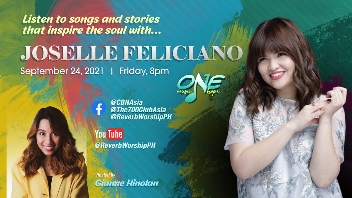 The700ClubAsia's tweet photo. Brighten your day as you listen to Reverb Worship’s newest song, “Love and Light” performed by artist Joselle Feliciano. Catch her LIVE on #OneMusicOneHope later at 8 pm, with host Gianne Hinolan.
#CBNAsiaOnlineShow https://t.co/jtSV635xM7