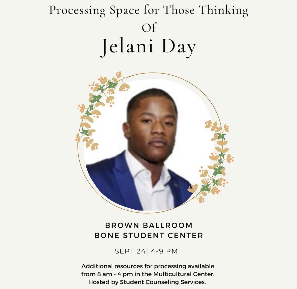 Student Counseling Services will be holding supportive space on Friday, September 23rd 8-4pm at the Multicultural Center and 4-9pm at both the Brown Ballroom in the Bone Student Center. 🙏🏾