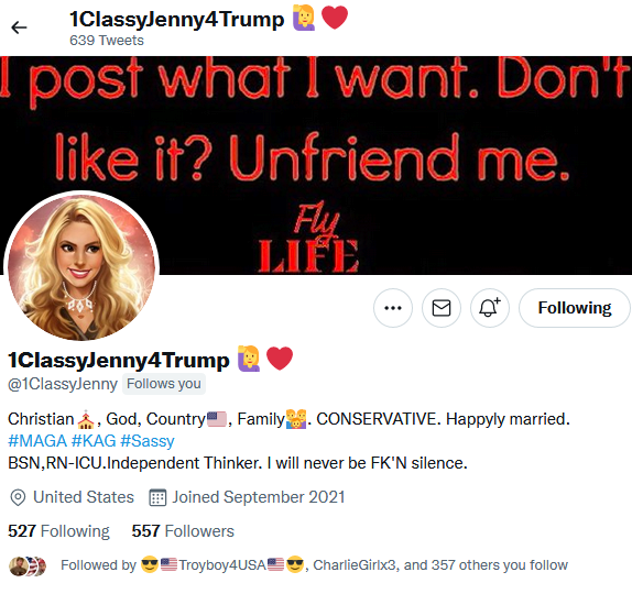 SHOUT OUT OF THE NIGHT!! WELCOME MY NEW FRIEND JENNY @1ClassyJenny SHE IS A GREAT NEW PATRIOT!!  SHE FOLLOWS BACK AS WELL!! https://t.co/IXPZEsOJvp