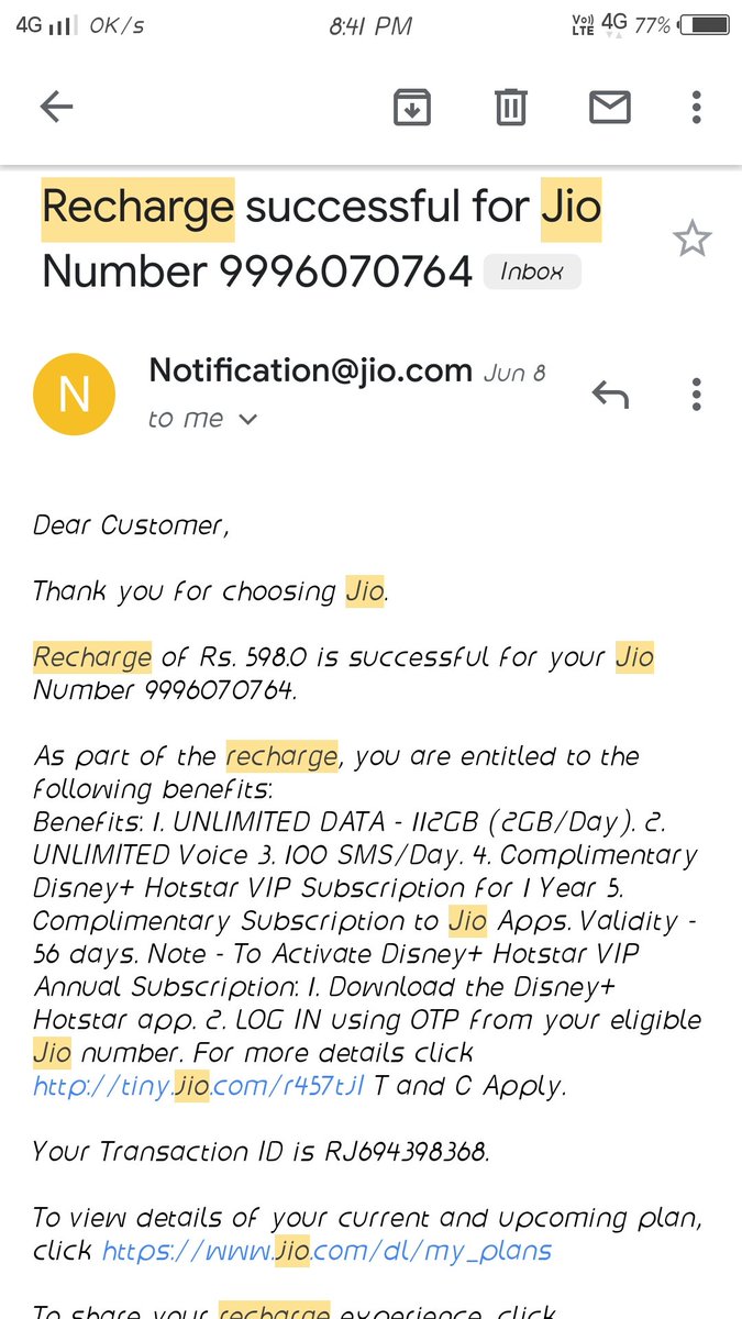 rvhere's tweet photo. @JioCare But why?, when it is already mentioned in the entitlements of benifits(4) of the recharge 598. As U can check in the mail send by Jio after Recharge. https://t.co/VEPQf4N1pe
