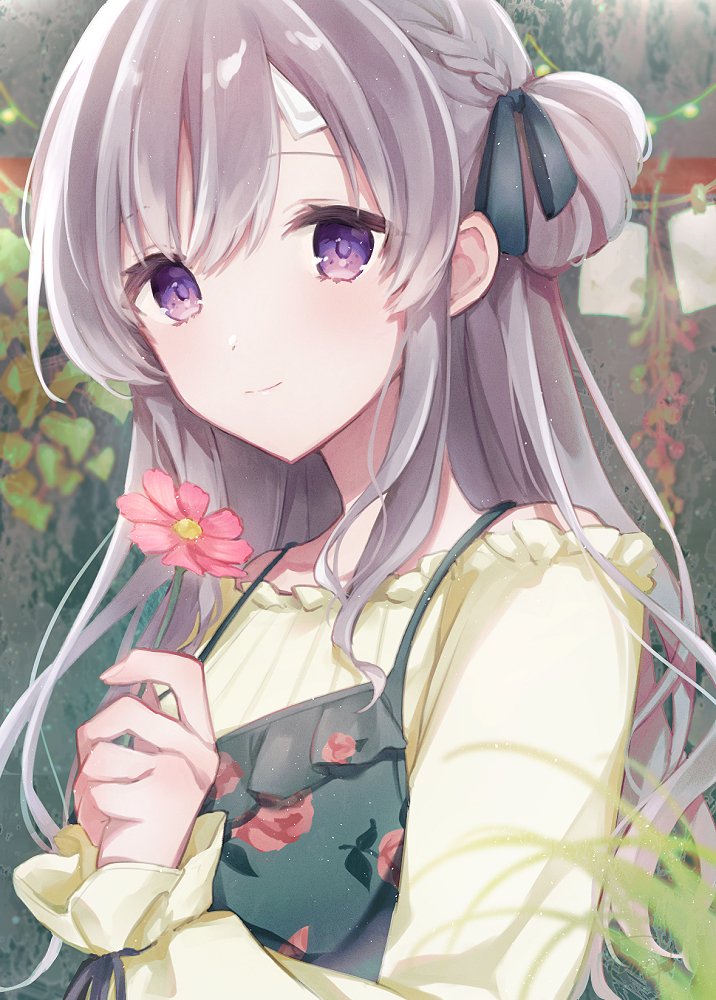 yukoku kiriko 1girl solo purple eyes flower holding flower holding long hair  illustration images