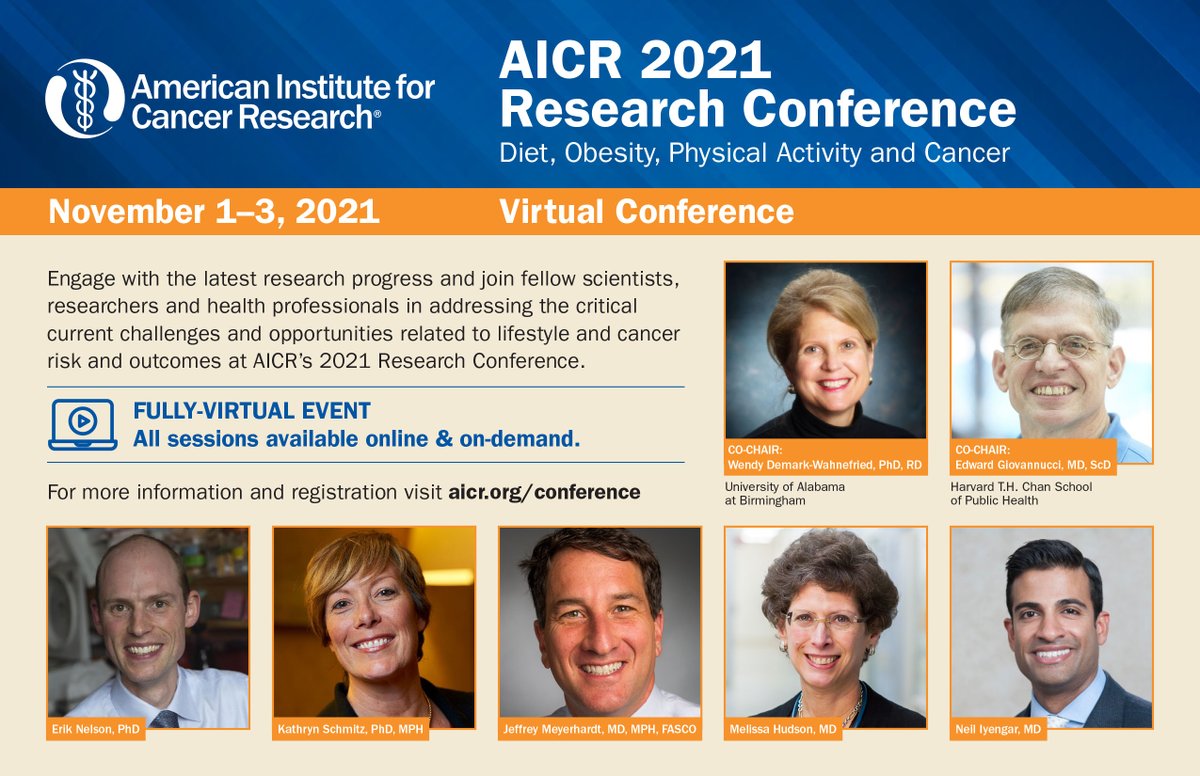 Engage with the latest research progress &amp; join fellow scientists, researchers, &amp; health professionals in addressing the critical current challenges &amp; opportunities related to lifestyle &amp; cancer risk &amp; outcomes at AICR’s Research Conference! Register now: aicr.org/research/aicr-…