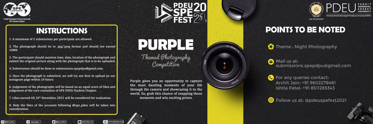 spe_pdeu's tweet photo. The theme of the ecstatic event is Night Photography. The theme will enable you to click photographs during the nighttime out-of-door. 

Judging Criteria:
The winners will be decided based on the number of likes earned till 10th November 2021 on the Instagram post entry. https://t.co/l1aXKDqHA8