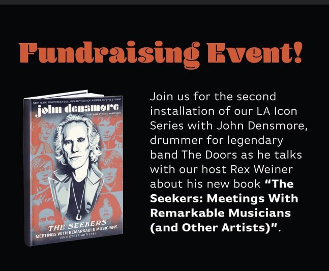 FrogtownArts's tweet photo. Our "LA Icon Series" features @JohnDensmore from @TheDoors  

He and @RexWeiner go on a journey along the LA River in Frogtown meeting the creative community. 

Rex talks with John about his latest book and a live 
Q &amp;A

Oct. 15th 7:00 PM on Zoom 

RSVP https://t.co/8uFE3A0tQX https://t.co/H8F3Q8FSOz