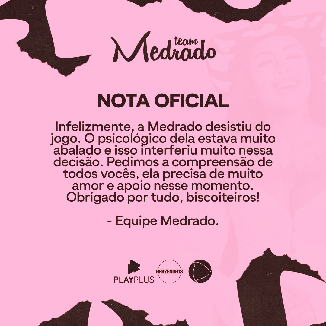 Saúde mental não é brincadeira. Pedimos que respeitem a decisão da Medrado, era um grande sonho, ela teve que ser muito corajosa para desistir. Ela vai ficar bem. Esse momento é de amor e acolhimento.🤍