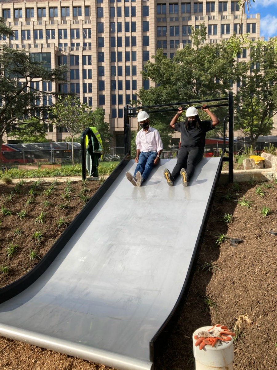 neilalbertdc's tweet photo. Testing the new slide in the Children’s Garden at the newly renovated #franklinparkdc with Park Manager Cecily Mende. Join #MayorBowser  for the ribbon cutting ceremony tomorrow at noon. https://t.co/KCgJniEISO