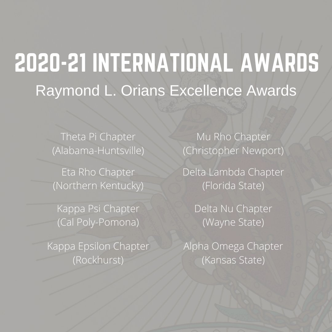 PiKappaAlpha's tweet image. Announcing your 2020-21 Raymond L. Orians Excellence Awards! 🏆 This award recognizes the top 25% of all Pi Kappa Alpha chapters internationally. Congratulations to the 37 recipients! (1/2) #PiKappaAlpha #PIKEAwards
