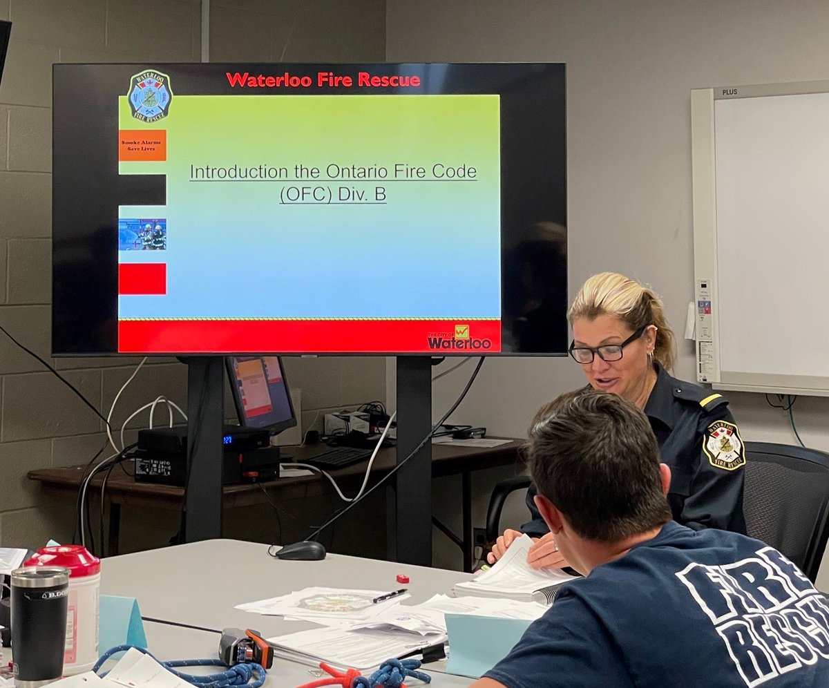 Waterloo_Fire's tweet photo. Firefighter recruit training continues. Today - Intro. to Ont Fire Code &amp; Fire Investigations with FPO Linda #trainingcounts #fireprevention #FPPA #NFPA1031 #NFPA1033 https://t.co/mikVlAf7na