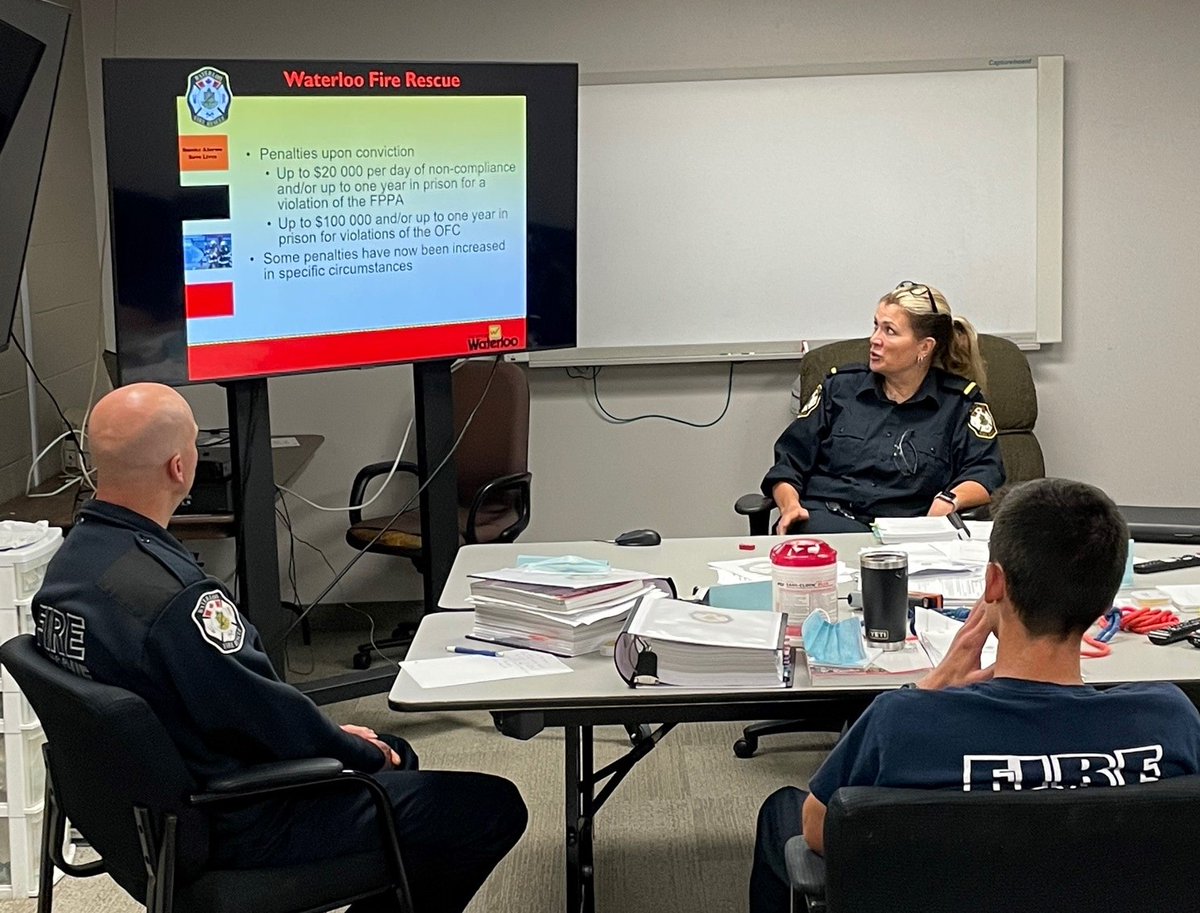 Waterloo_Fire's tweet photo. Firefighter recruit training continues. Today - Intro. to Ont Fire Code &amp; Fire Investigations with FPO Linda #trainingcounts #fireprevention #FPPA #NFPA1031 #NFPA1033 https://t.co/mikVlAf7na