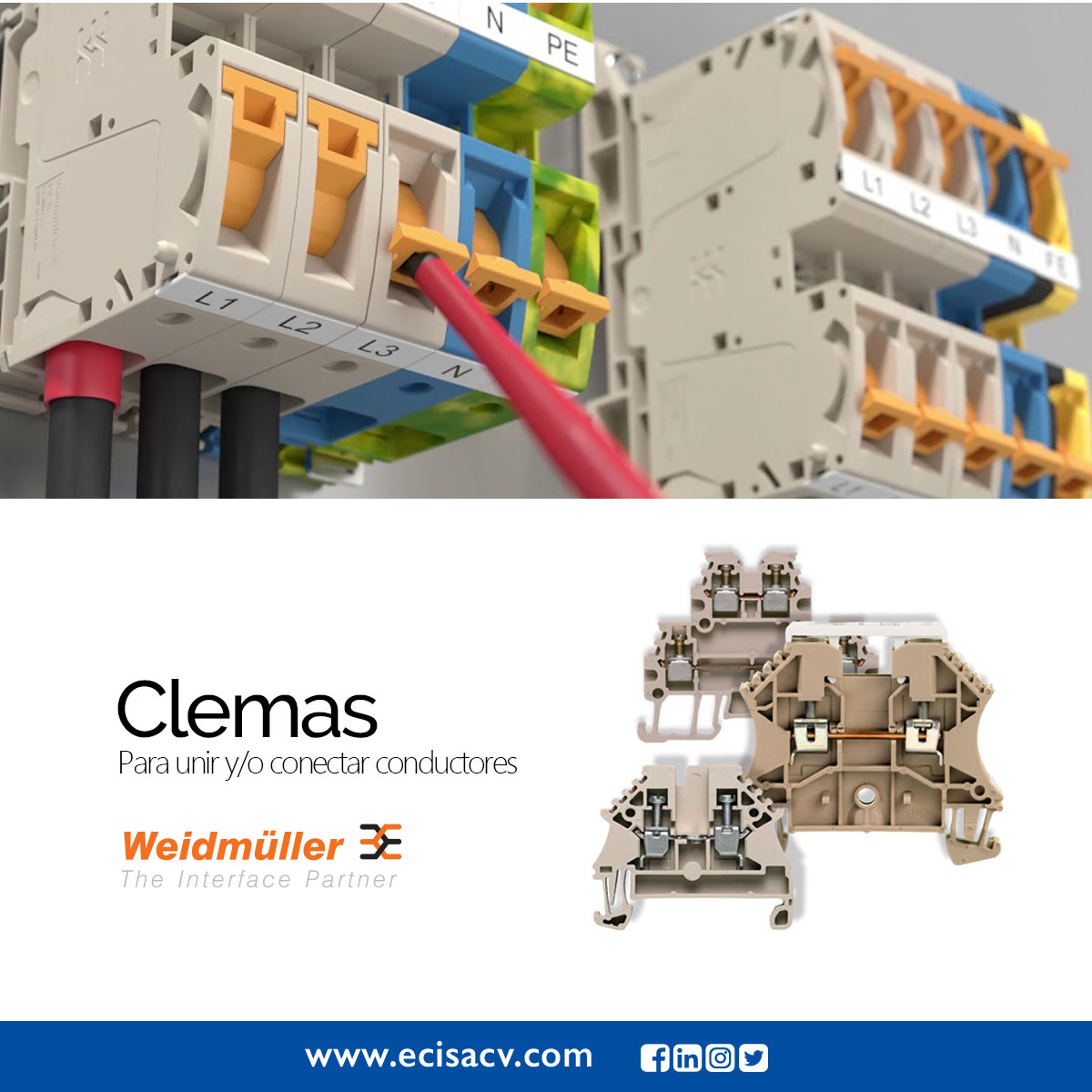 EciElectro's tweet photo. Una clema es ideal para unir y/o conectar uno o más conductores
Amplia gama de clemas con la mejor tecnología, con un  material aislante.

#ECI #Electrocontroles #Wüedmuller #clemas #conductores https://t.co/Xx3zo3BFYz