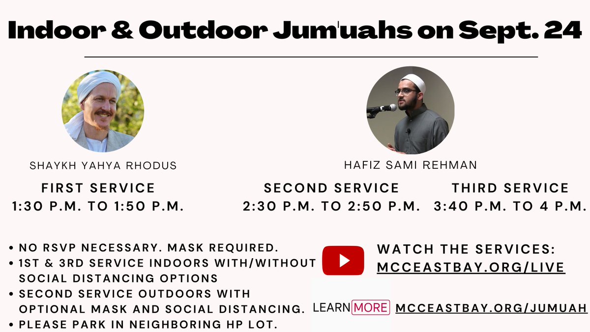 Please honor us with the privilege of your presence at any of our spiritually-uplifting and safe Jumu'ah services at MCC tomorrow. Special Khateeb guest Shaykh Yahya Rhodus at first Friday service. ow.ly/MYwj50GfzTp