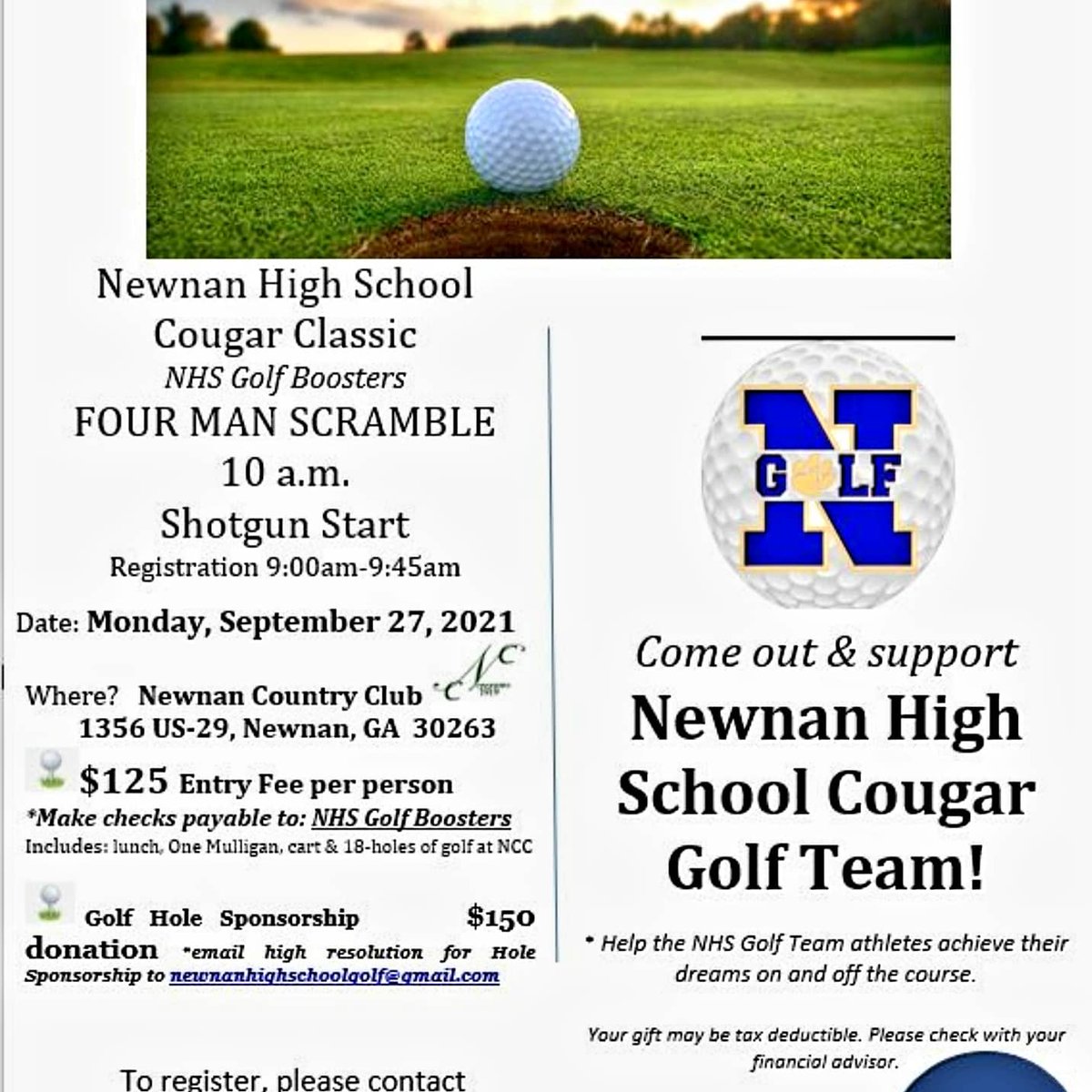 NewnanGolf's tweet photo. We are so excited and pumped about our upcoming NHS Golf Boosters tournament on Monday , September 27th at NCC

$10 RAFFLE TICKETS (you do not have to be present to win) 
* Royal Blue Titleist Golf bag (value $200)
* Magellan 36-Can Soft Backpack Cooler (value $80) 
^^^venmo $$ https://t.co/Gwk6286iU9