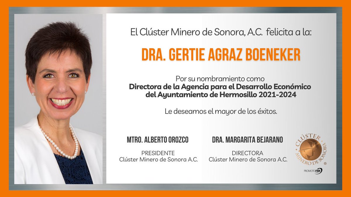 ClusterDeSonora's tweet photo. Felicitamos a la Dra. Gertie Agraz (@gertie_agraz) por su nombramiento como Directora de la Agencia para el Desarrollo Económico de Hermosillo. 
Para las mujeres mineras de la megarregión SON/AZ
#MegaWomen es muy grato contar con mujeres tan preparadas para impulsar la economía. https://t.co/QqLRpaOeHb