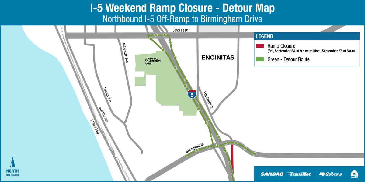 SANDAG's tweet photo. #BuildNCCAlert: The NB I-5 off-ramp to Birmingham Dr. will be closed from 9 p.m. on Fri. 9/24, to 5 a.m. on Mon. 9/27 in Encintas.
🚧 These closures allow #SANDAG & @SDCaltrans Build NCC crews to realign ramps as part of I-5 Carpool/HOV Lane construction. https://t.co/zfdjX8M4OA https://t.co/U0BDu8cXbp