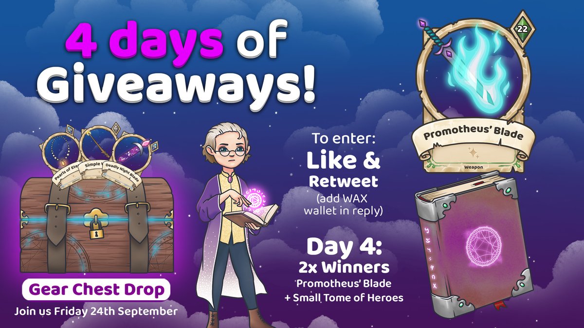 The Final Day of the #Giveaway: 2 Winners will receive both a shiny new Promotheus' Blade and a small Tome of Heroes to bolster their ranks! Like, Retweet and reply a WAX address to enter.
Gear Chest drop starts 20:30CET 24th Friday Sept
#NFTs #NFTGiveaways #NFTDrop #WAXGaming