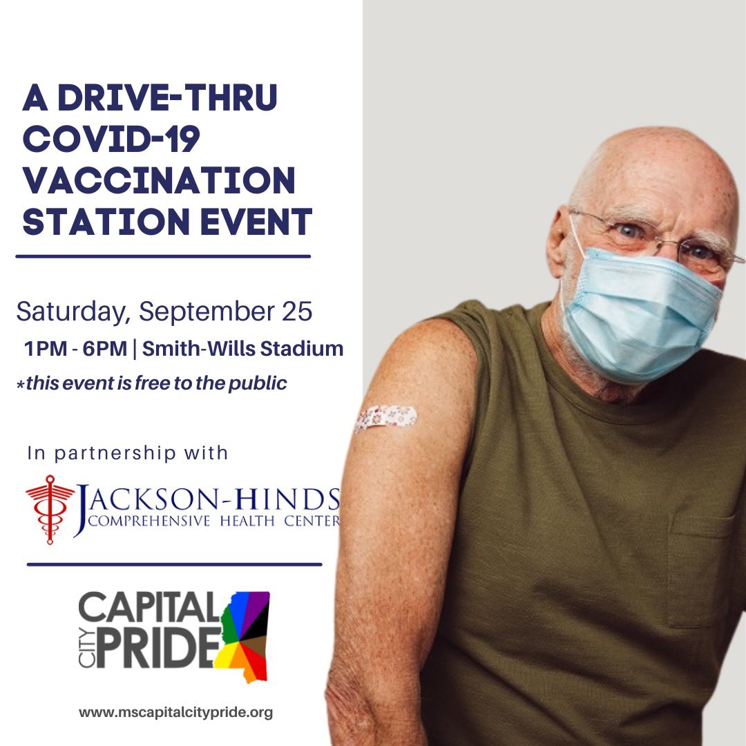 MSCapitalPride's tweet photo. Come get #vaccinated this Saturday September 25th from 1PM - 6PM for FREE at Smith-Wills Stadium. 

Partnered with our friends at @JhchcMs 

#covid_19 #getvaccienated #getvaxxed #jacksonms #jxnms #msccp #itsprideyall #thecitywithpride #lgbtqia #pride https://t.co/SqCYOHtkg7