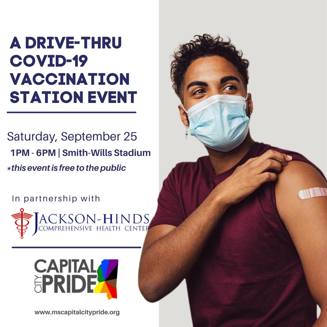 MSCapitalPride's tweet photo. Come get #vaccinated this Saturday September 25th from 1PM - 6PM for FREE at Smith-Wills Stadium. 

Partnered with our friends at @JhchcMs 

#covid_19 #getvaccienated #getvaxxed #jacksonms #jxnms #msccp #itsprideyall #thecitywithpride #lgbtqia #pride https://t.co/SqCYOHtkg7