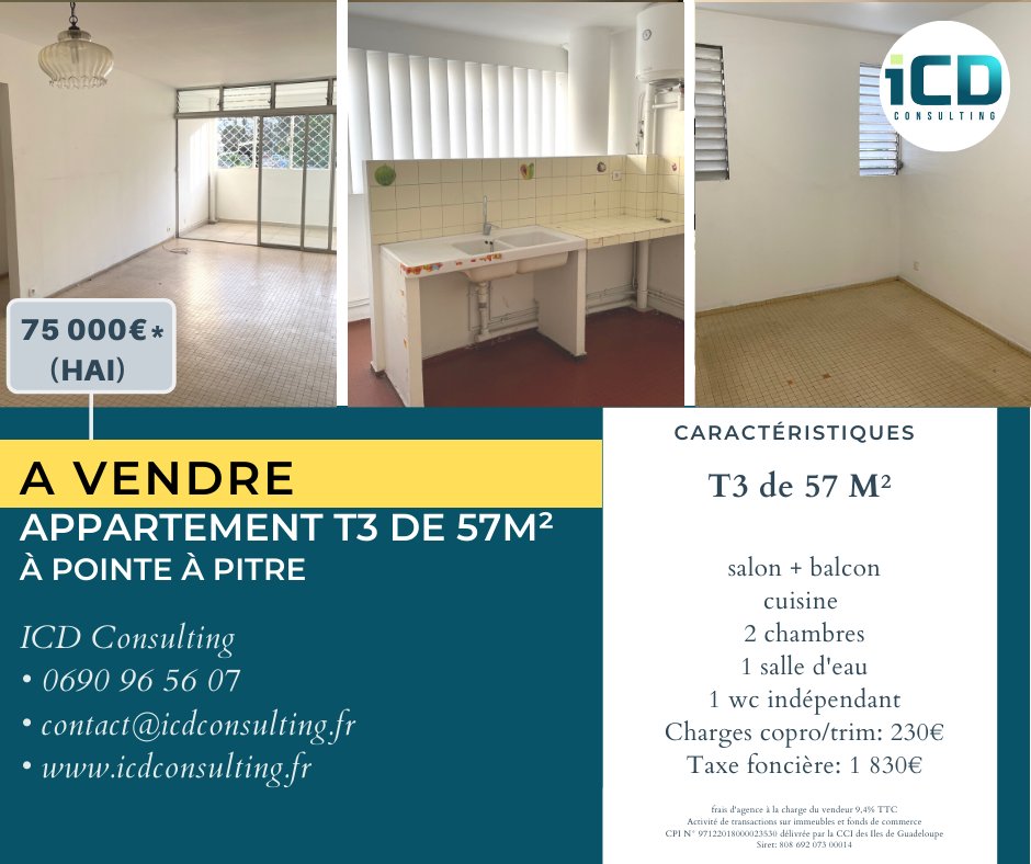 Icdconsult's tweet photo. A VENDRE à Pointe à Pitre 
Appartement de type T3 de 57 M² dans une résidence sécurisée
1 salon + balcon 1 cuisine 2 chambres 1 salle d'eau
1 wc indépendant
Charges copro/trim: 230€
Taxe foncière: 1 830€
Icd Consulting 0690965607
contact@icdconsulting.fr
#immobilier #vente https://t.co/I2HNCa1zop