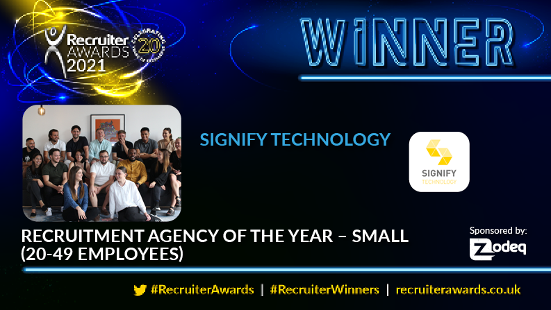 RecruiterAwards's tweet photo. And the #RecruiterWinner of Recruitment Agency of the Year – Small (20 to 49 employees) sponsored by @ZodeqUK is Signify Technology, @Signify_Tech well done! Take to the stage #RecruiterAwards (2/2) https://t.co/OEmrStljNL
