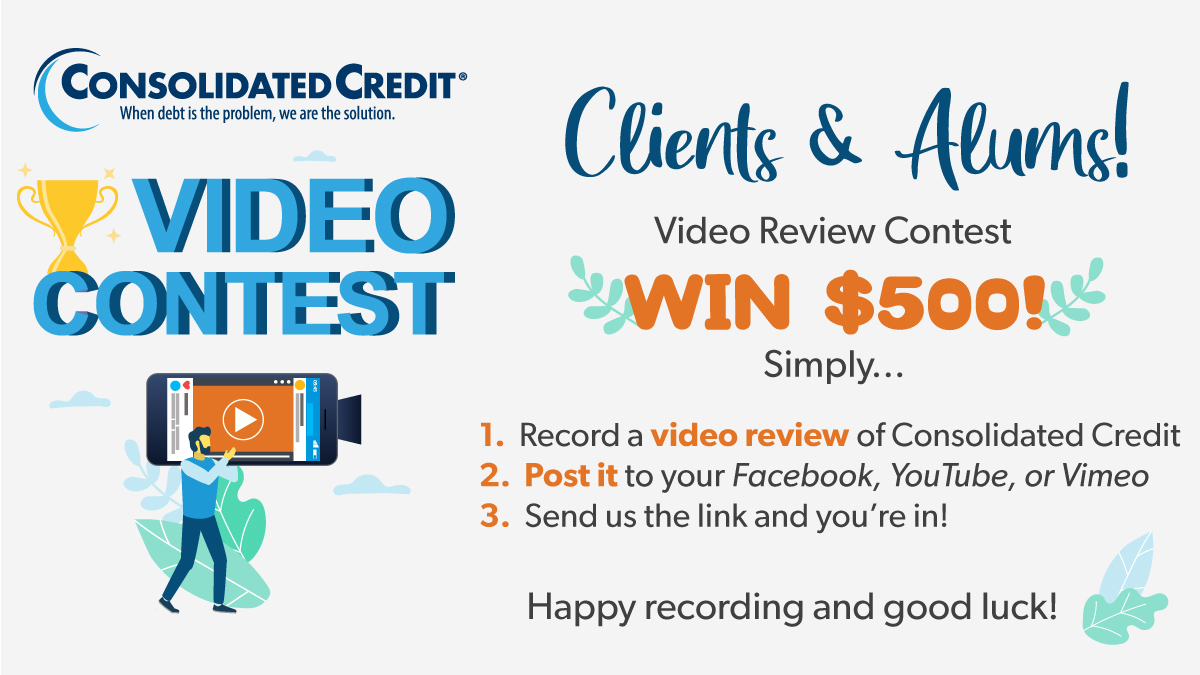 ConsolidatedUS's tweet photo. ‼️Calling #ConsolidatedCredit's Clients &amp; Alums!
😱$500 up for grabs in a #VideoReviewContest just for you!  
📹Record #video of your experience with us.
🔗 Share the link here:https://t.co/8zdMIJdDIB 
📨OR email it to Contest@ConsolidatedCredit.org 

#DebtSucks ☎️ (844) 617-2240 https://t.co/9NKrGgplDj