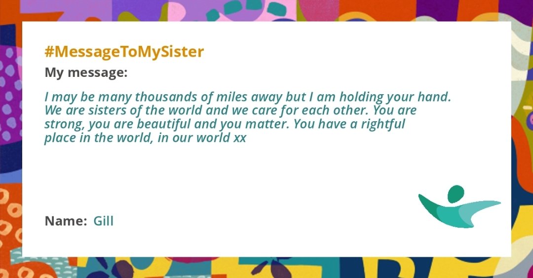 Gill Armstrong (@gillybean534) on Twitter photo Join me in sending a #MessageToMySister with <a href="/womenforwomenuk/">Women for Women International UK</a>. Every message of hope and support will be translated and delivered to a woman survivor of war showing her that she's got an ally who is standing with her. womenforwomen.org.uk/send/31384 Join me in sending a #MessageToMySister with <a href="/womenforwomenuk/">Women for Women International UK</a>. Every message of hope and support will be translated and delivered to a woman survivor of war showing her that she's got an ally who is standing with her. womenforwomen.org.uk/send/31384