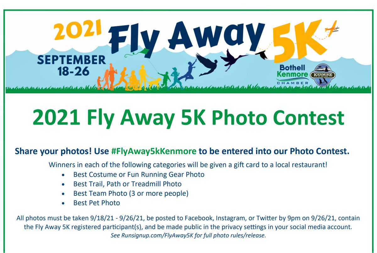 BothKenChamber's tweet photo. Let's see your FUN photos! Enter our Photo Contest by posting them online w/hashtag #flyaway5kkenmore in the post, &amp; mark them public so we can find them! Get more details below.... 🙂 The winner in each category receives a Gift Card to a local restaurant! #Kenmorewa #Bothell https://t.co/aIcrtzWgJs