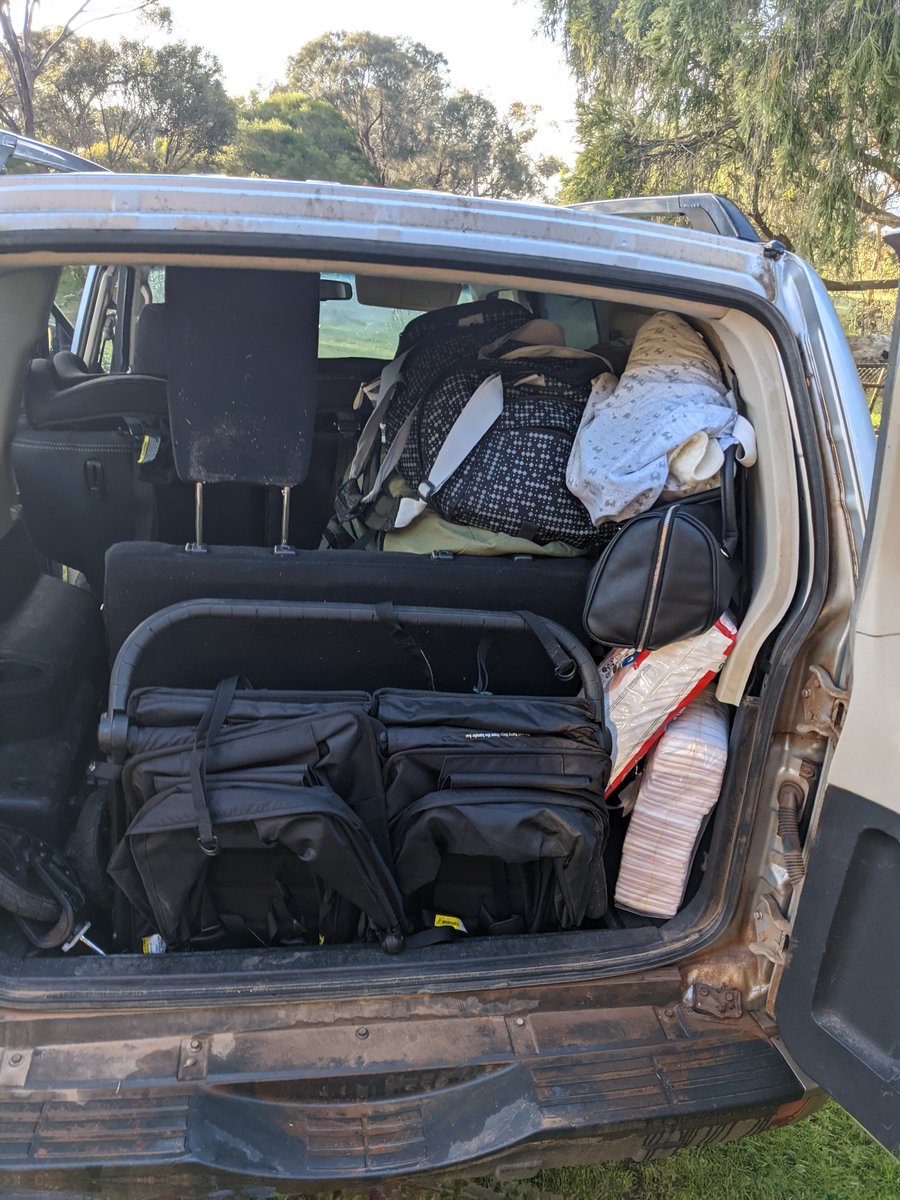 How to stretch out the dreaded "we need a minivan" conversation just a little longer? Get good at tetris! Portacot, double pram, 4 kids, all the other stuff you "need" with 4 kids. <a href="/seed_terminator/">Seed Terminator</a>  <a href="/DaysYorke/">Yorke Peninsula Field Days 🌾</a> here we come! #pajero #prodadtips