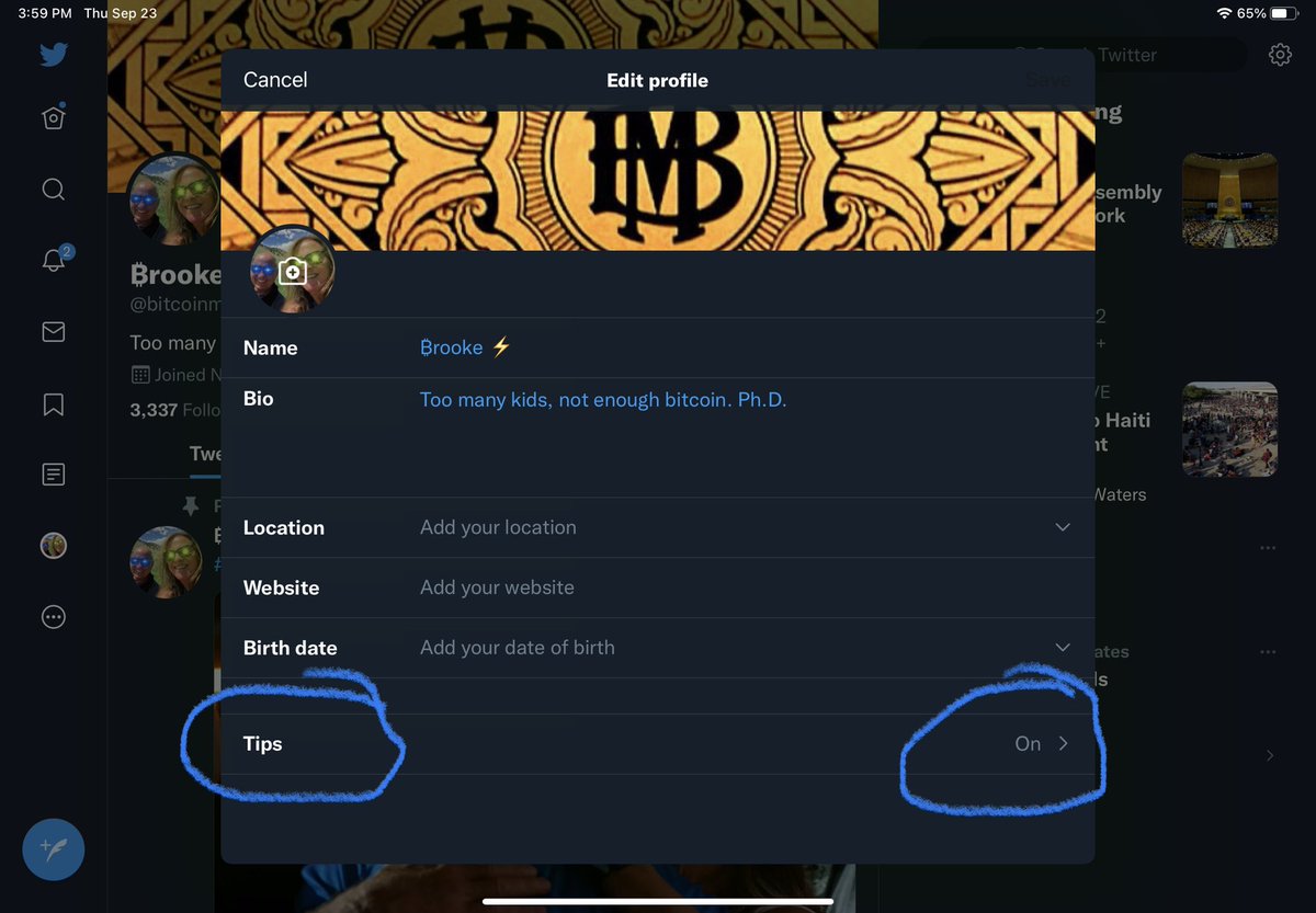 bitcoinmom's tweet photo. To receive #LightningNetwork tips on Twitter, click “Edit profile,” turn on “Tips” if that option appears (I assume it’s slowly rolling out—I got it but my husband hasn’t yet), connect your @ln_strike username (I already had a Strike account) https://t.co/7yFDYBKTIg