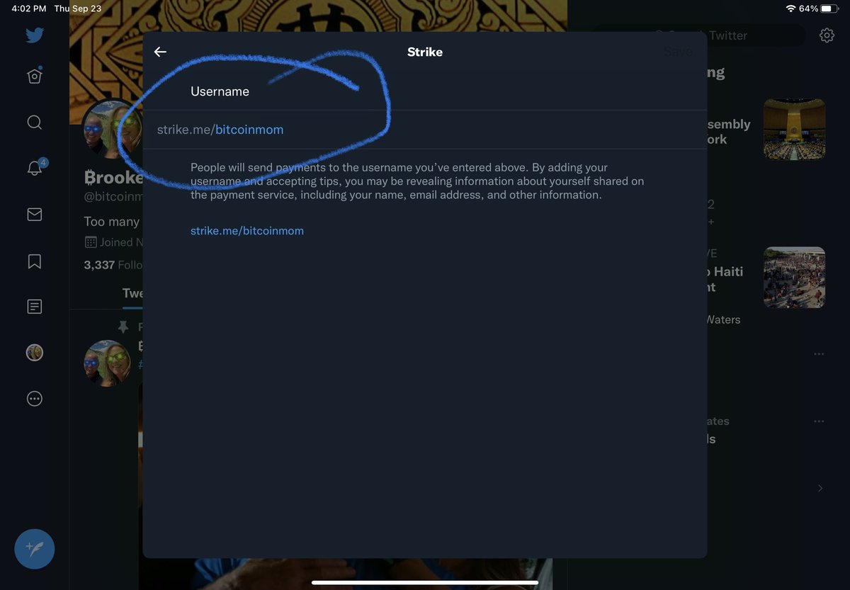 bitcoinmom's tweet photo. To receive #LightningNetwork tips on Twitter, click “Edit profile,” turn on “Tips” if that option appears (I assume it’s slowly rolling out—I got it but my husband hasn’t yet), connect your @ln_strike username (I already had a Strike account) https://t.co/7yFDYBKTIg