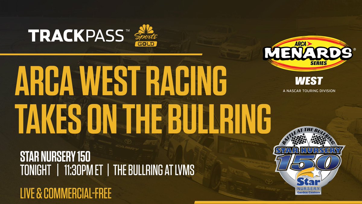 _TrackPass's tweet photo. 📢Tune in TONIGHT for late night @ARCA_Racing West Series racing from The Bullring @LVMotorSpeedway LIVE on #TrackPass
⏰11:30pm ET
@NASCARRoots | #StarNursery150
📱💻🖥📺➡️ https://t.co/4m54zfUiB1 https://t.co/c83uMmfSzl