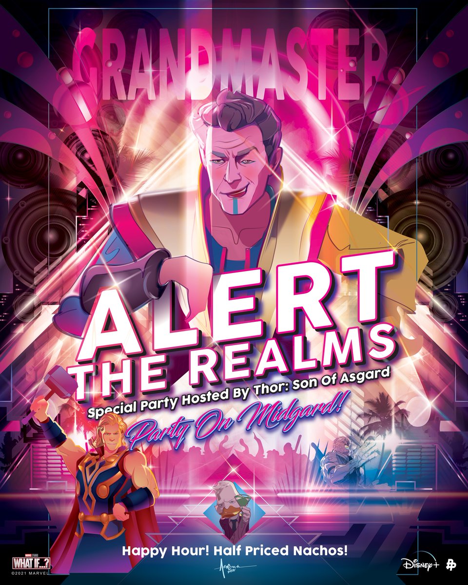 MarvelStudios's tweet photo. 🚨 Alert the Realms 🚨 You don’t want to miss the party in the seventh episode of Marvel Studios’ #WhatIf, now streaming on @DisneyPlus. Art by @OrlandoArocena. https://t.co/Hhr4kzOo2i
