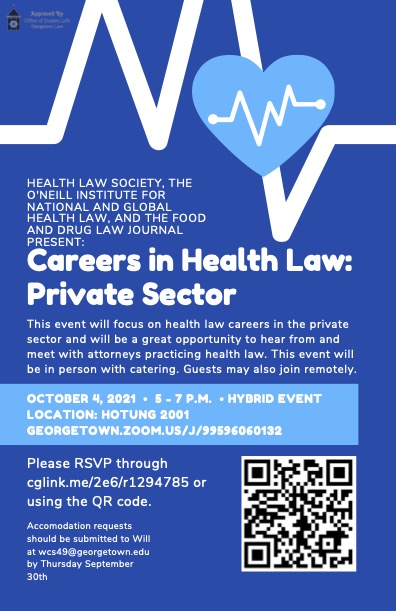GeorgetownHLS's tweet photo. Another Georgetown Health Law Society (HLS) event! Join the HLS and hear from amazing health law professionals in a private sector career panel on October 4th from 5 to 7 pm. You may join via Zoom or in person where there will be food.  Listen, learn, network, and get inspired!✨ https://t.co/qIViYQK5dY