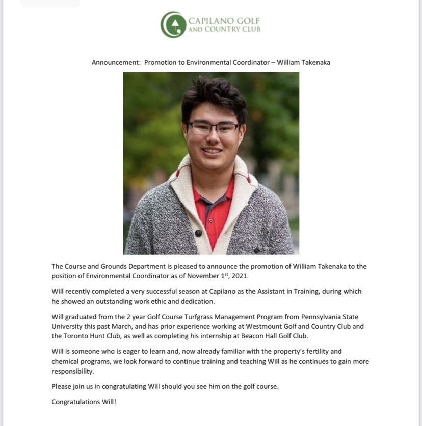 The @CapilanoGreens team is proud to announce the promotion of AIT William Takenaka @TaksTurf to Environmental Coordinator this fall. Will has shown outstanding dedication and interest in learning this summer, well done Will!