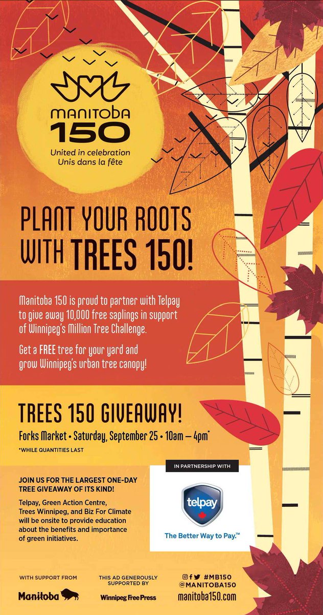 TreesWinnipeg's tweet photo. Join us and our Program Partner, Telpay at their 10,000 Tree Giveaway at the Forks Canopy, 10am to 4pm, this Saturday! ๐ณ
Check out the Million Tree Challenge booth and donโt forget to register your tree(s) for a chance to win some prizes. #PlantForPrizes #MillionTreeWPG https://t.co/wJ2WxtnrNg