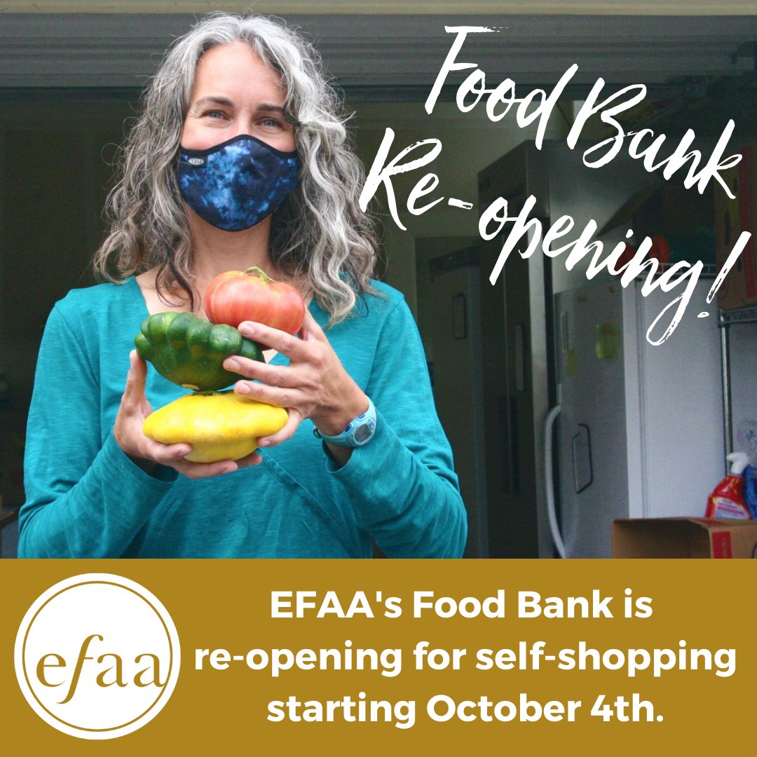 efaa_boulder's tweet photo. We have exciting news! EFAA's #FoodBank is re-opening for self-shopping starting October 4th.  See below for more information, new hours, and to learn more about our NEW morning grocery pickup option. #Boulder https://t.co/hsJewOt2Fg https://t.co/GnAdUxS20c
