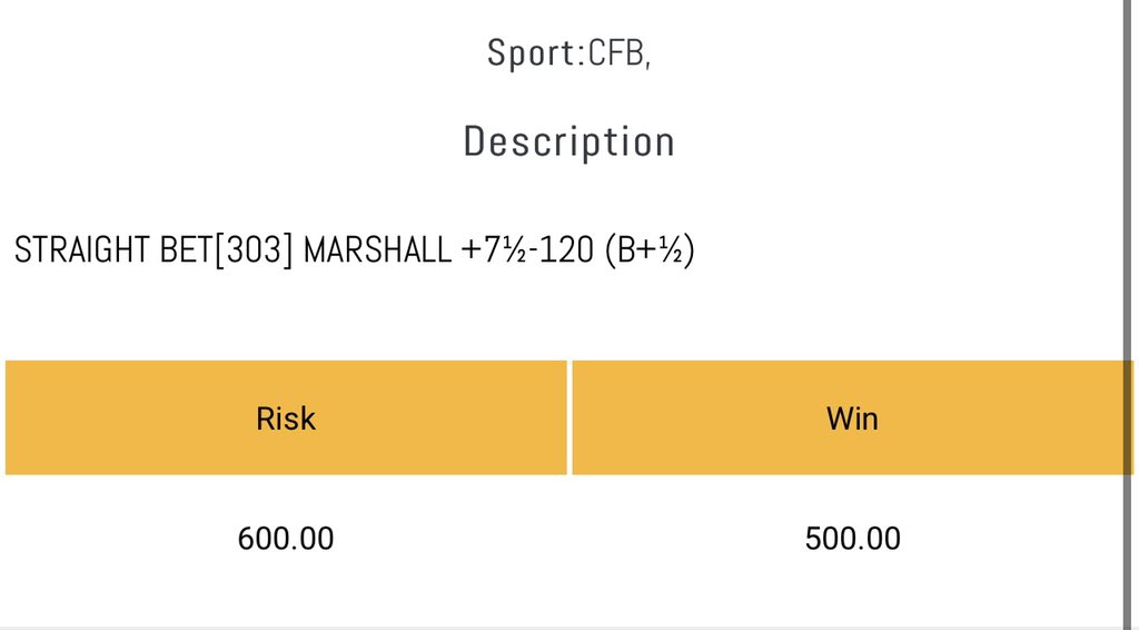CFB 🏈

Marshall +7.5 -120

Sponsored by <a href="/DailyPayoutBook/">.</a>  

you MUST drop a LIKE if tailing 🔥

#GamblingTwitter #LightningLocks⚡️