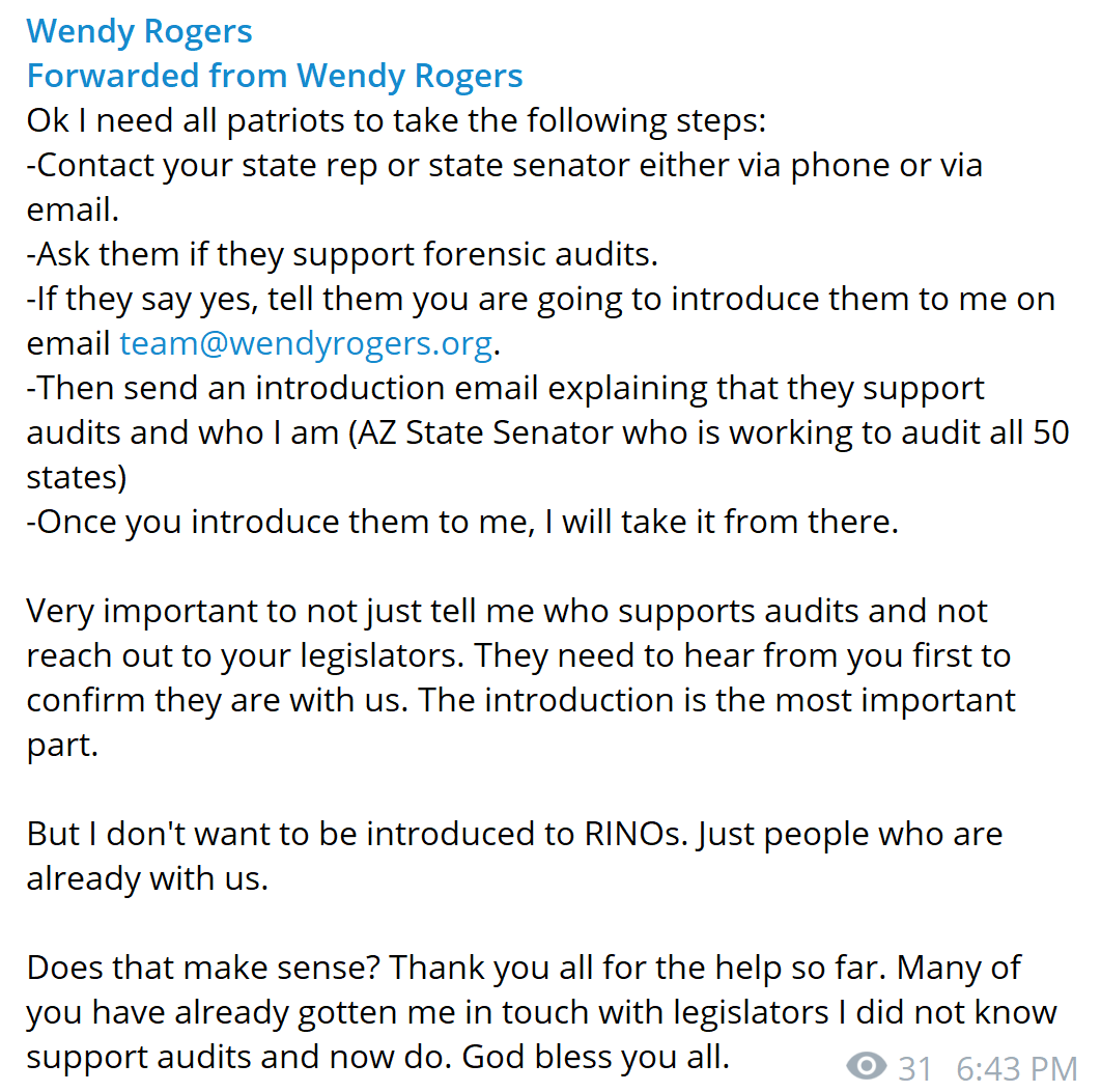 WendyRogersAZ's tweet photo. Resharing this. I need all of your state legislators and state senators by tonight. Audit release is tomorrow. https://t.co/LKUp9ZUp33