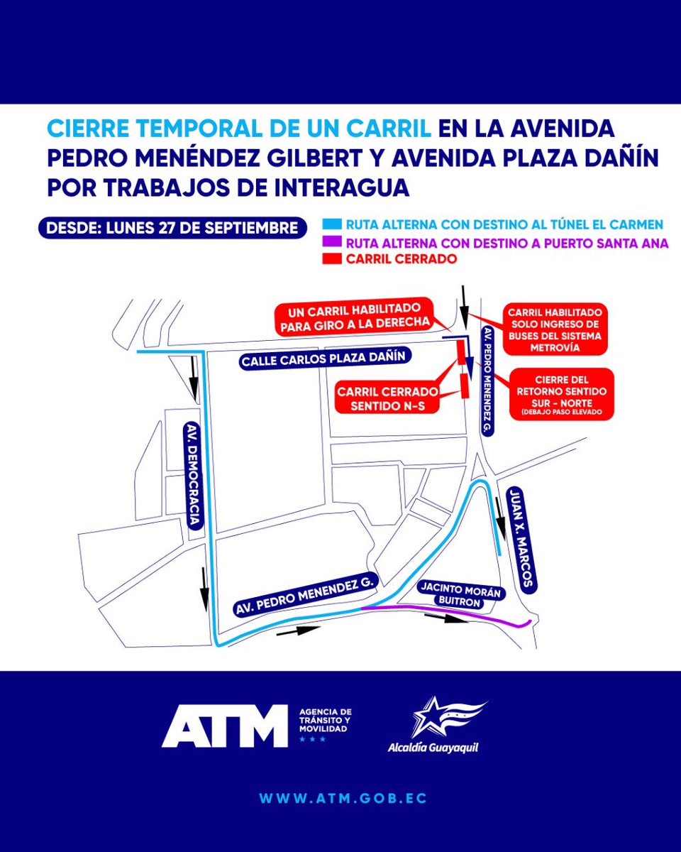 ATMGuayaquil's tweet photo. #ATMinforma • Debido a instalación de colector https://t.co/7BFBqD5xvR. por parte de Interagua, se procederá al cierre temporal de un carril de la Av. Pedro Menéndez Gilbert. 

Recomendamos a los conductores tomar rutas alternas indicadas o revisarlas por medio de la app @waze. https://t.co/LkN2mdpdGE