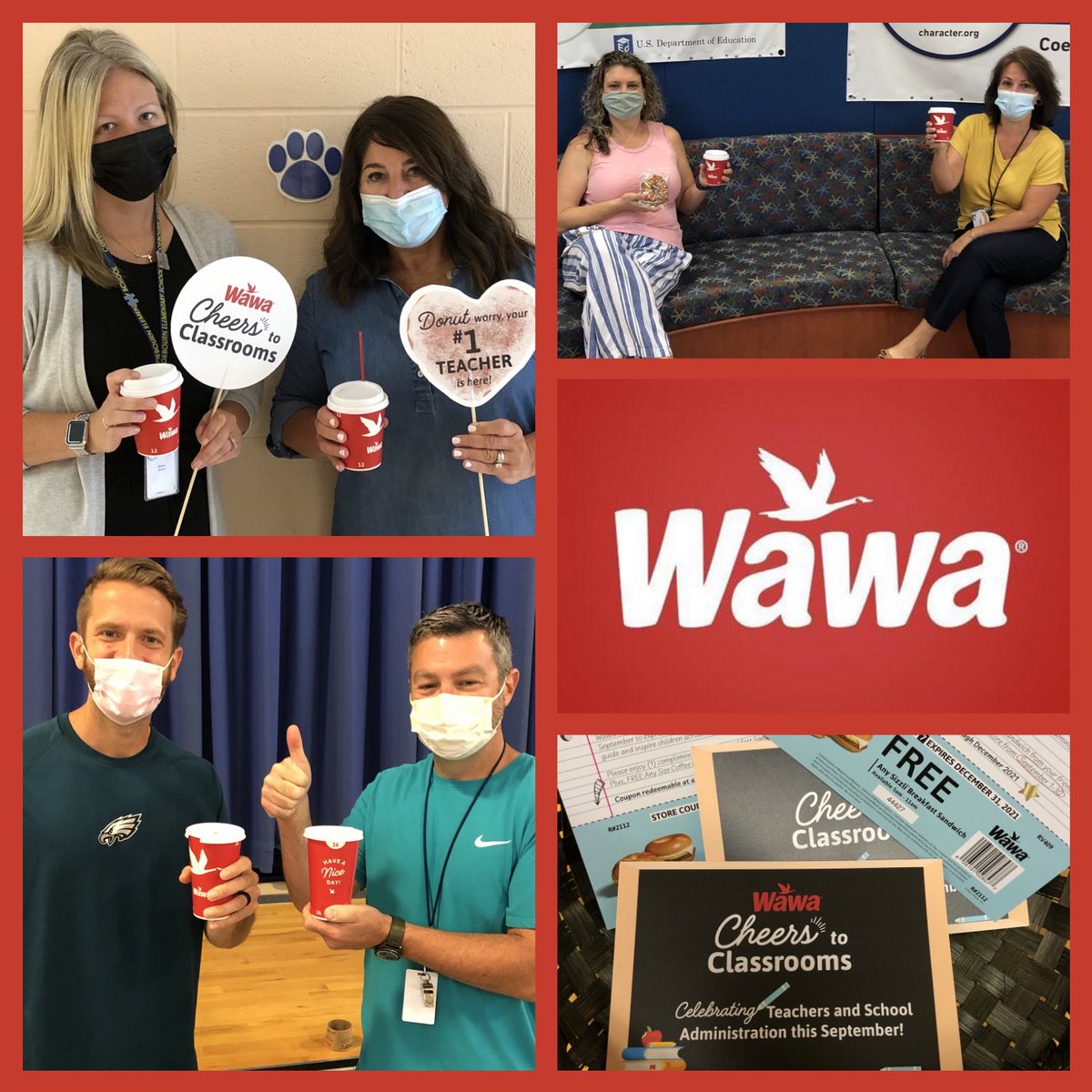 CoebournES's tweet photo. Thank you ⁦@Wawa⁩ #Brookhaven for recognizing ⁦@CoebournES⁩ staff today! The kindness, coffee, donuts and sandwich coupons 
were greatly appreciated! #HonoringEducators 🍎#CougarPride ⁦@PennDelco⁩ https://t.co/VwtAliyB16