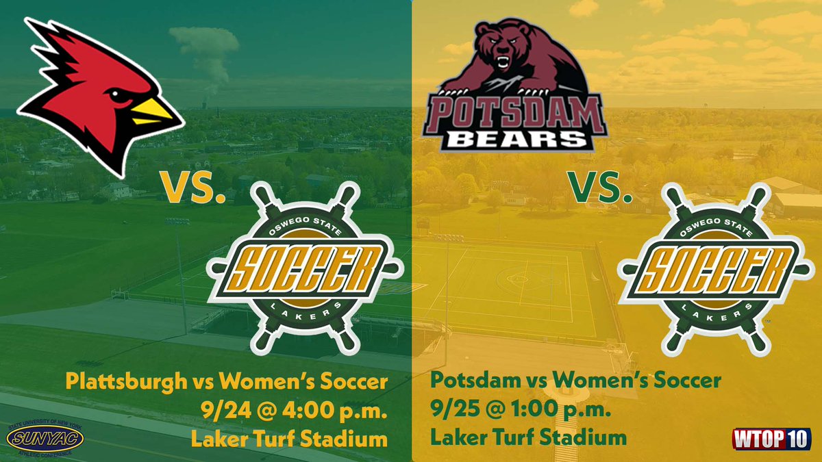 .<a href="/OswegoWSoccer/">Oswego Womens Soccer</a> plays host to SUNYAC, north country rivals Plattsburgh and Potsdam in a weekend set starting tomorrow!

📺: <a href="/wtop10/">WTOP-10 TV</a> &amp; 10.2
⚽️:<a href="/OswegoAthletics/">Oswego State Lakers</a>